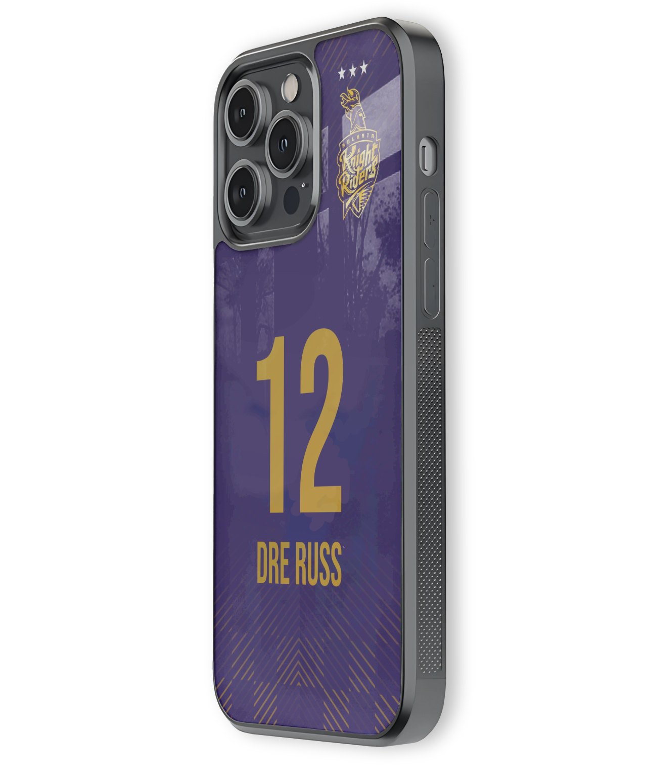 Phone case with number 12, name 'DRE RUSS', and logo on purple background