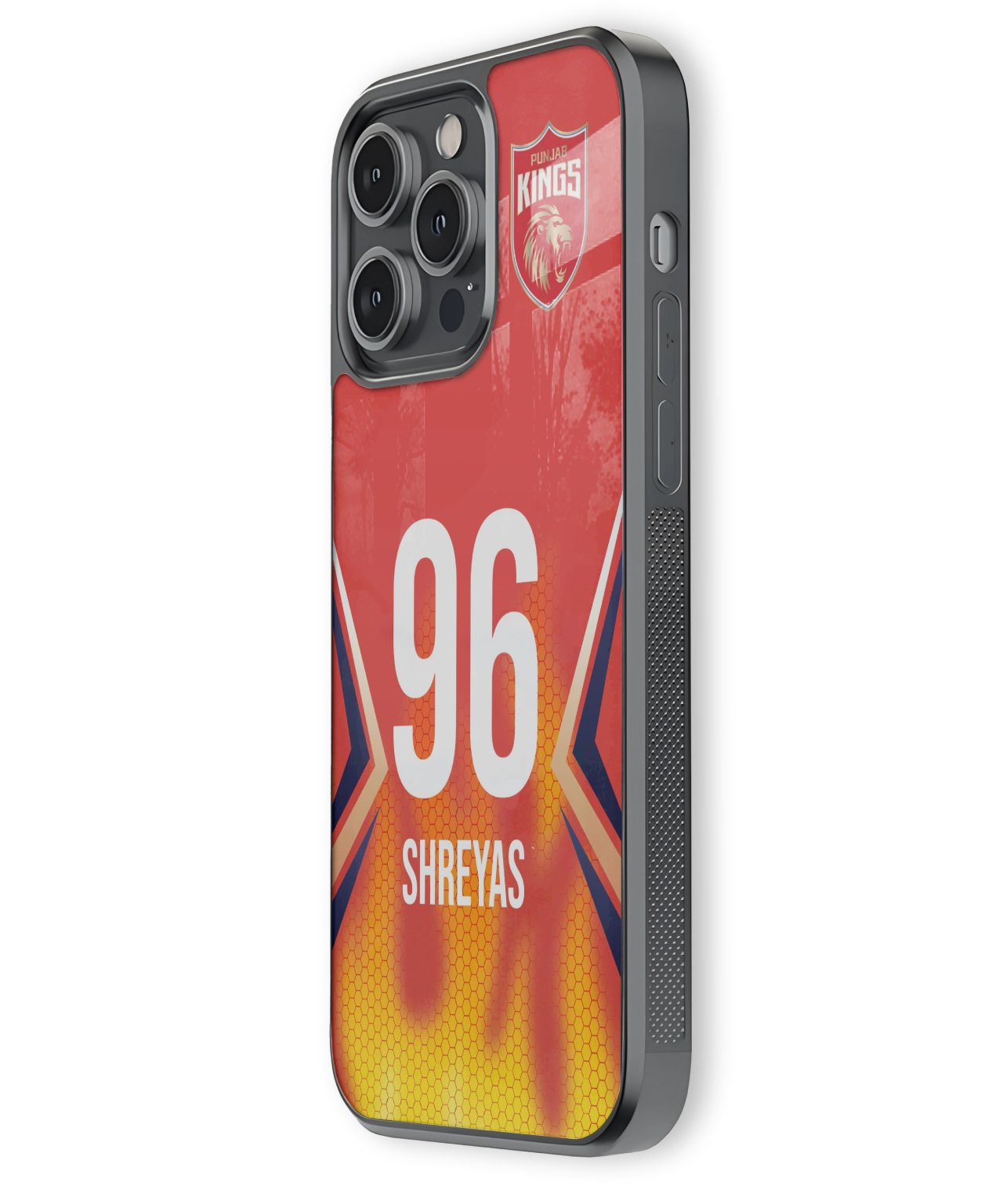 Phone case with a red and yellow design featuring the number 96 and name 'Shreyas'.