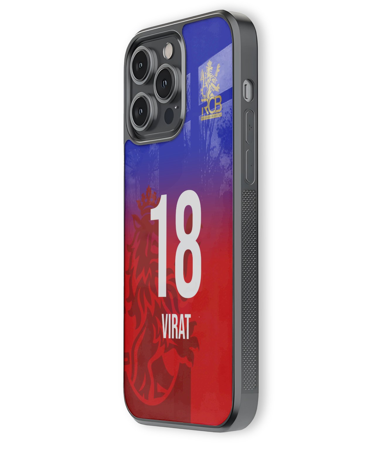 Phone case with number 18 and name 'Virat' on a blue and red gradient background