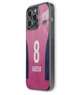 Phone case with pink and navy design, number 8, and name 'Jadedia'.