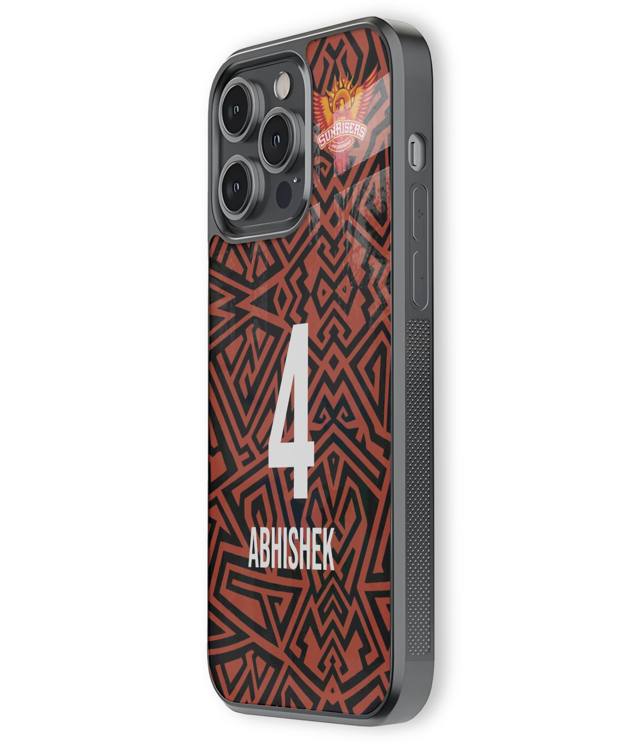 Phone case with geometric pattern, number 4, and name 'Abhishek' on a white background