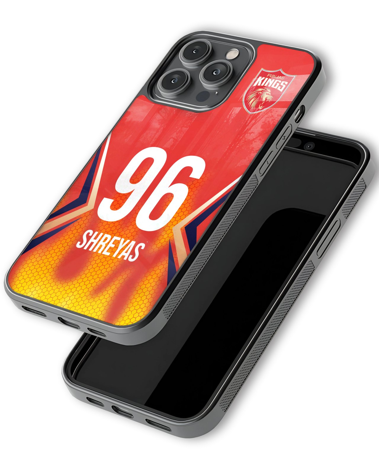 Phone case with a vibrant design featuring the number 96, name 'Shreyas', and a logo on a white background.