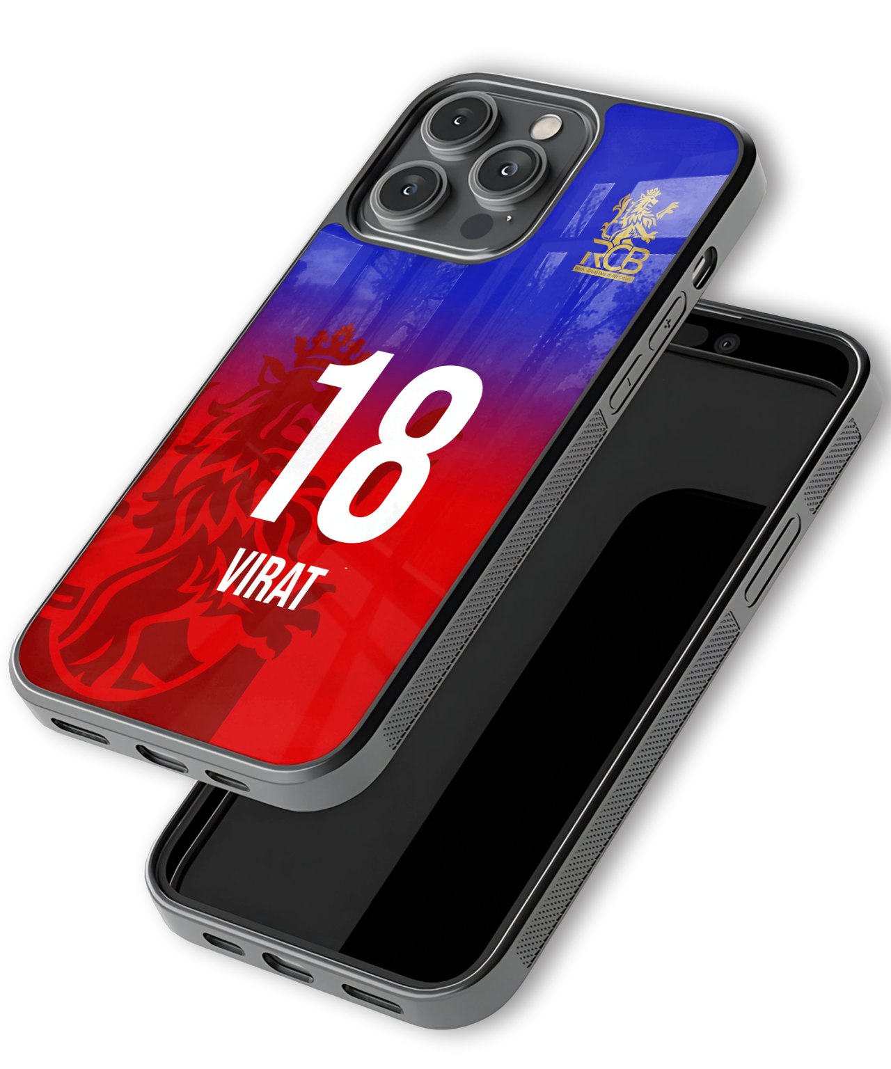 Phone case with number 18 and name 'Virat' on a blue and red background