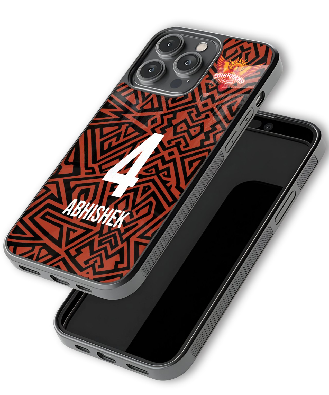 Phone case with geometric pattern and 'ABHISHEK' branding on a white background