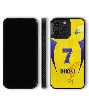 Phone case with a sports team design featuring number 7 and name 'DHONI' on a yellow background.