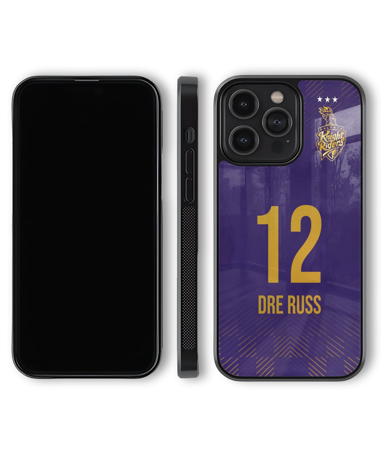 Phone case with number 12 and name 'Dre Russ' on a purple background