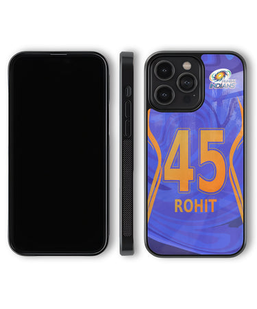 Phone case with number 45 and name 'Rohit' on a blue background