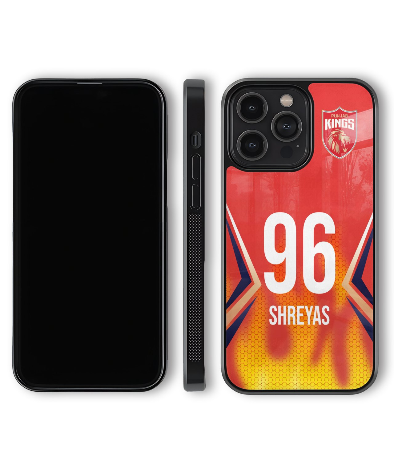 Phone case with number 96 and name Shreyas on a red and yellow background