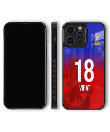 Phone case with number 18 and name 'Virat' on a red and blue background