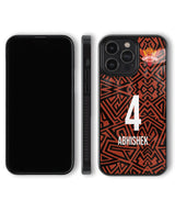Phone case with geometric design, number 4, and name 'Abhishek' on a white background