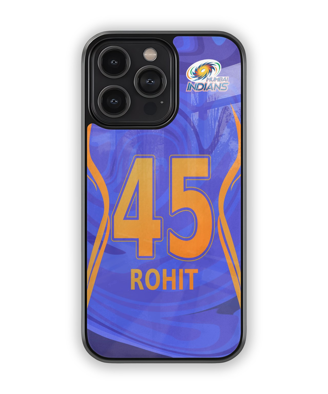 Phone case with number 45, name Rohit, and logo on a blue background