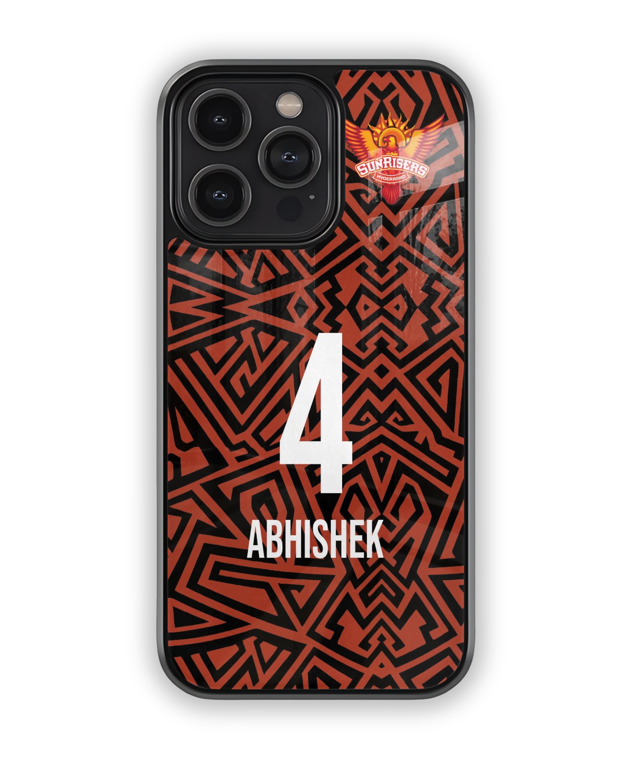 Phone case with geometric pattern, number 4, and name 'Abhishek' on a white background