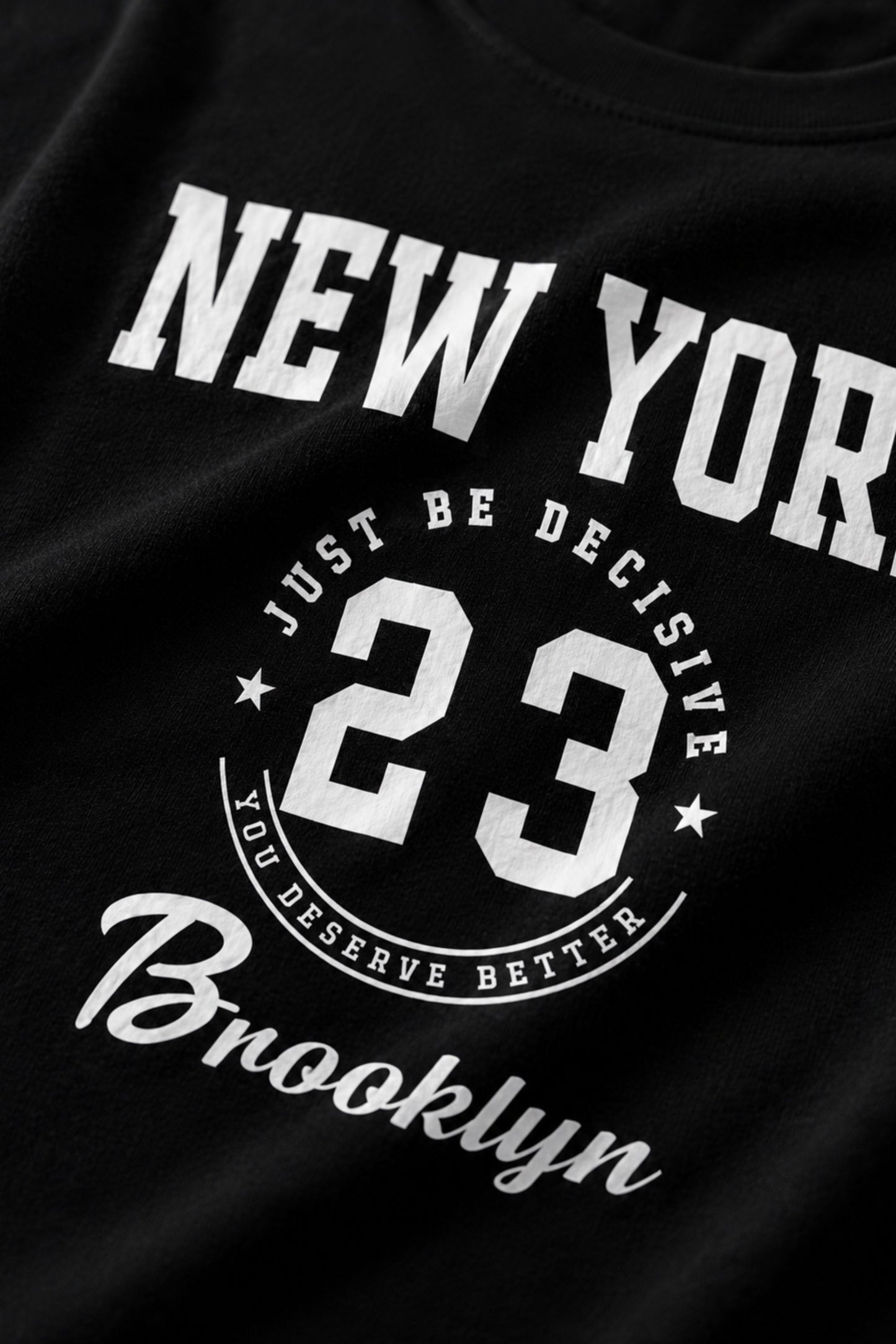 Black t-shirt with white text and numbers on a dark background