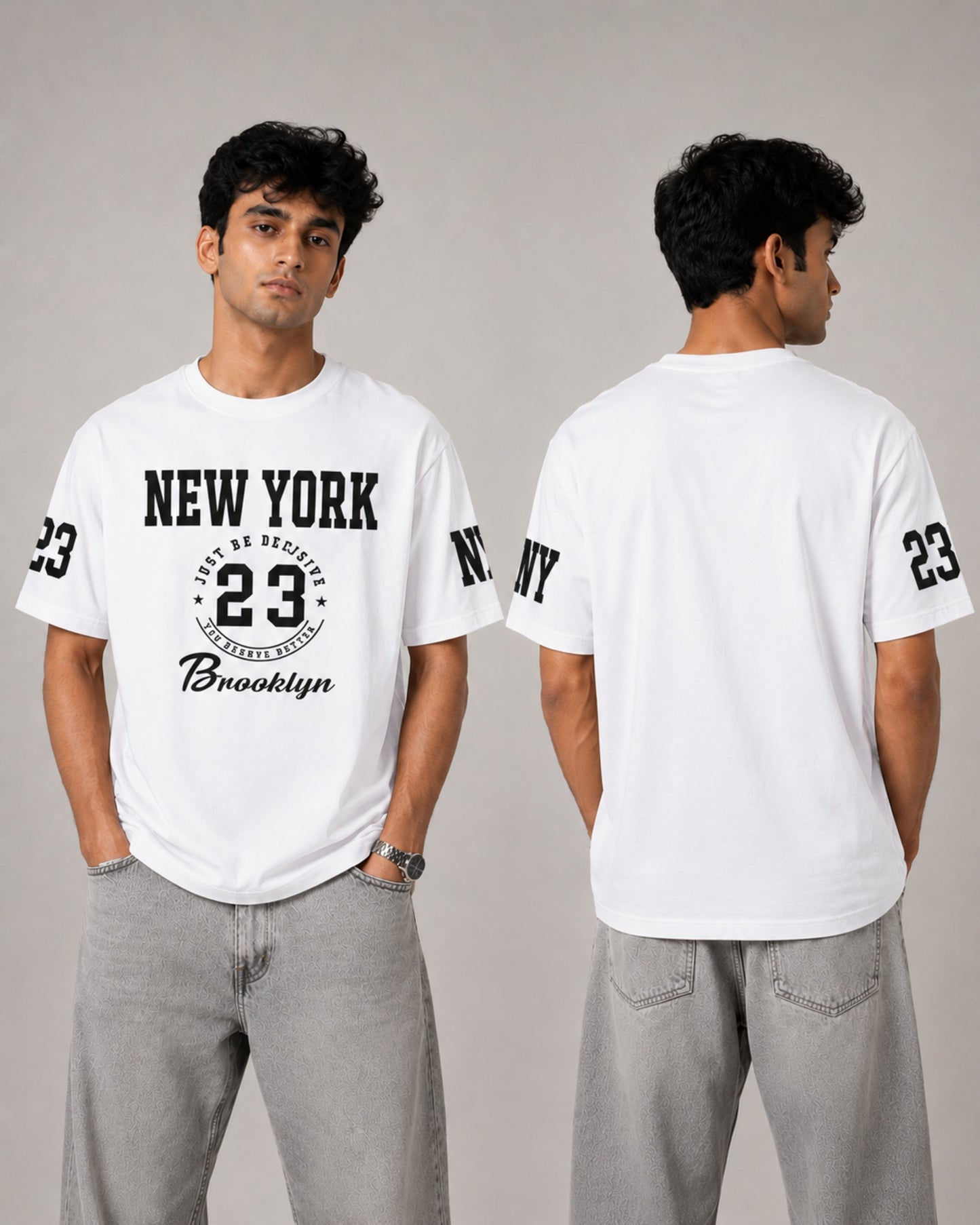 Person wearing a white t-shirt with 'New York 23' print, front and back views, on a gray background.