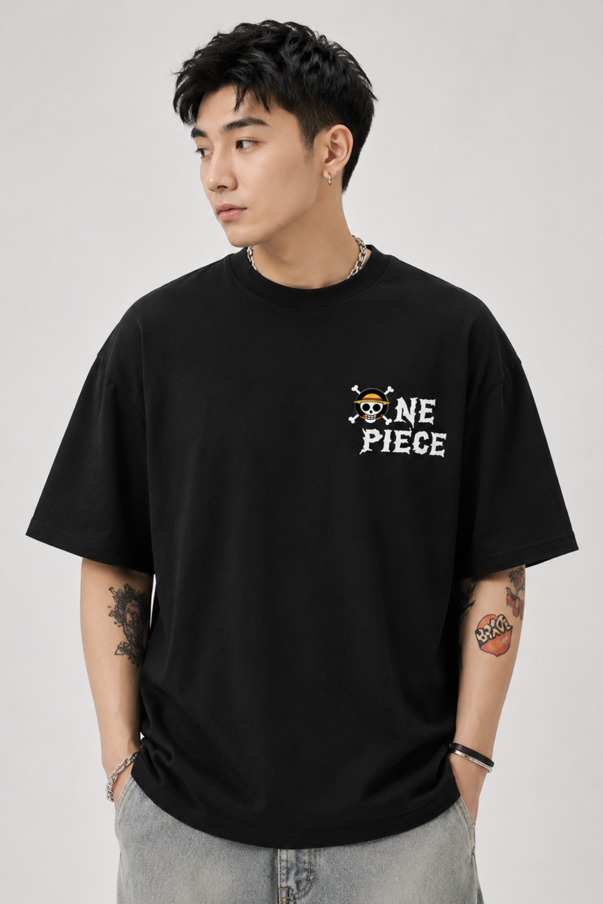 Black One Piece Anime Oversized T-Shirt for Men shot 3
