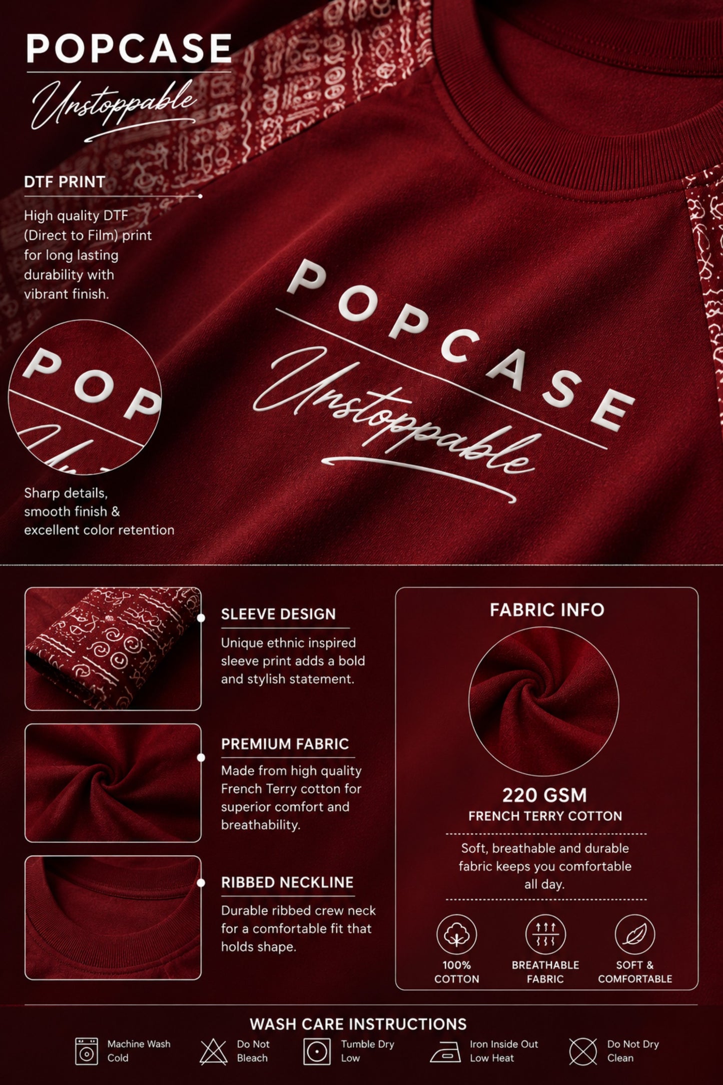 Dark red POPCASE 'Unstoppable' oversized t-shirt with white raised print, featuring ethnic patterned sleeves. Close-up shot showcasing fabric texture and print detail.