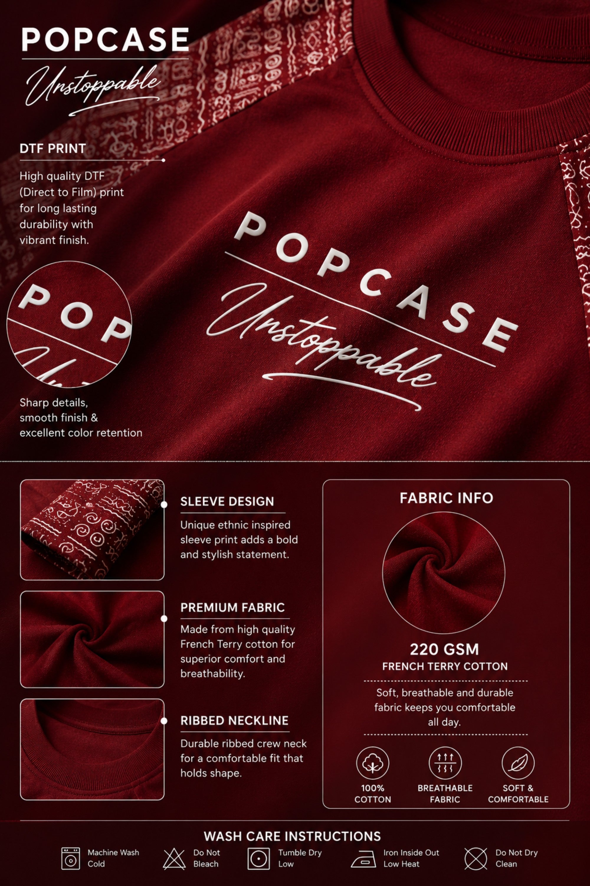 Dark red POPCASE 'Unstoppable' oversized t-shirt with white raised print, featuring ethnic patterned sleeves. Close-up shot showcasing fabric texture and print detail.