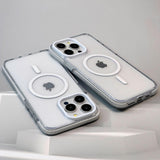 Two clear phone cases with Apple logo on a light gray background