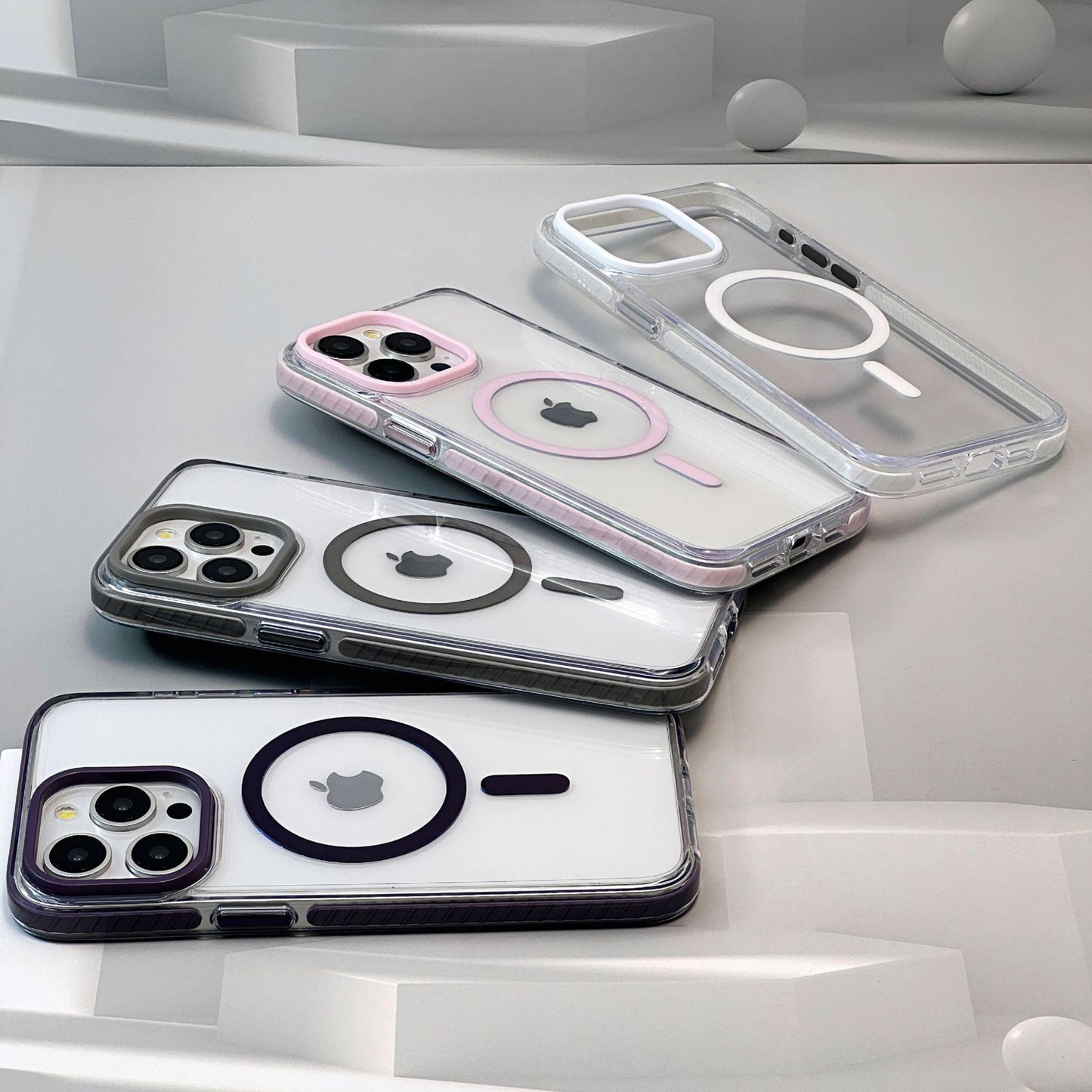 Three phone cases with Apple logo on a light gray background