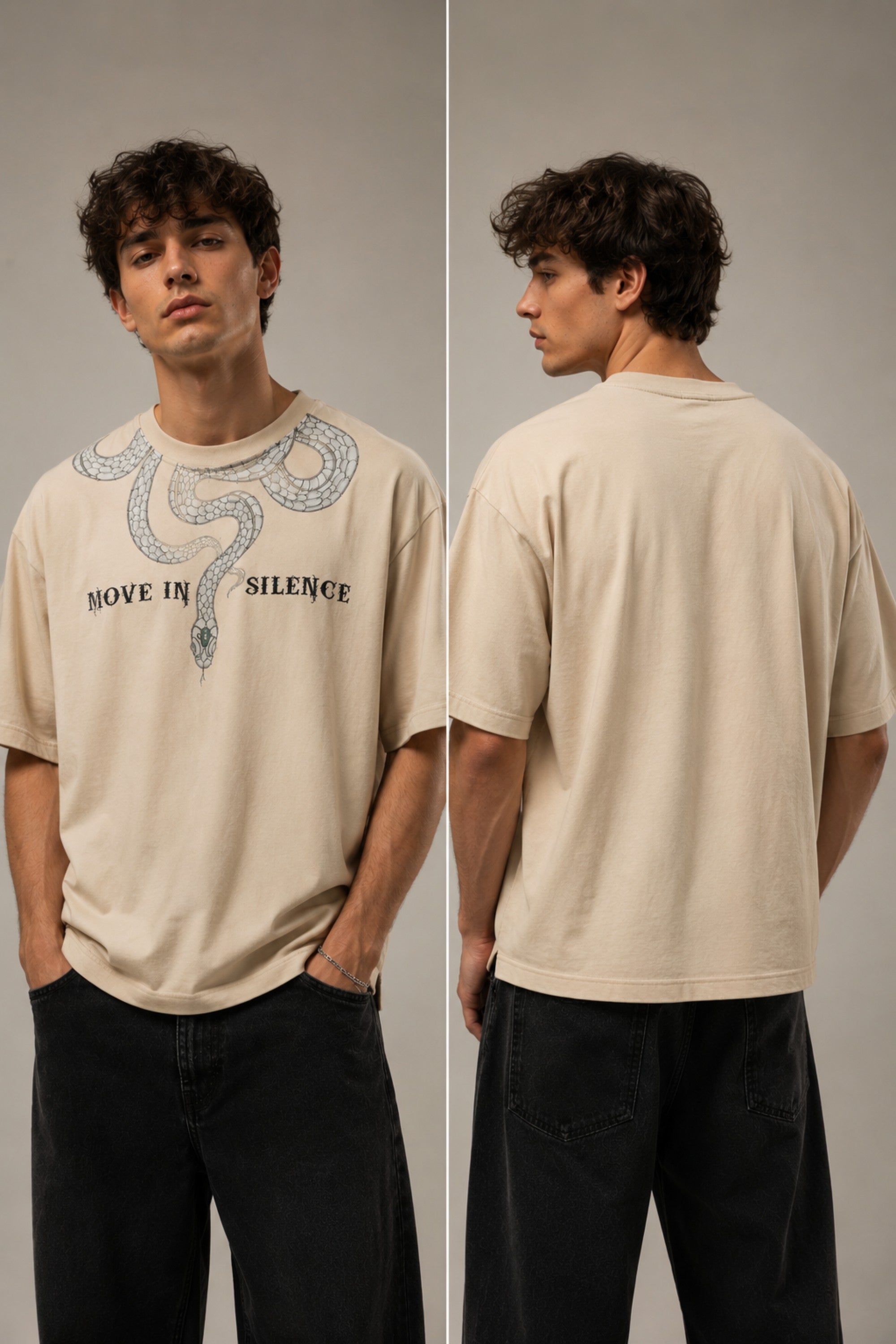 Beige oversized t-shirt with a detailed vintage-style grey snake graphic and 'MOVE IN SILENCE' text. The fabric is soft-washed premium cotton. - beige