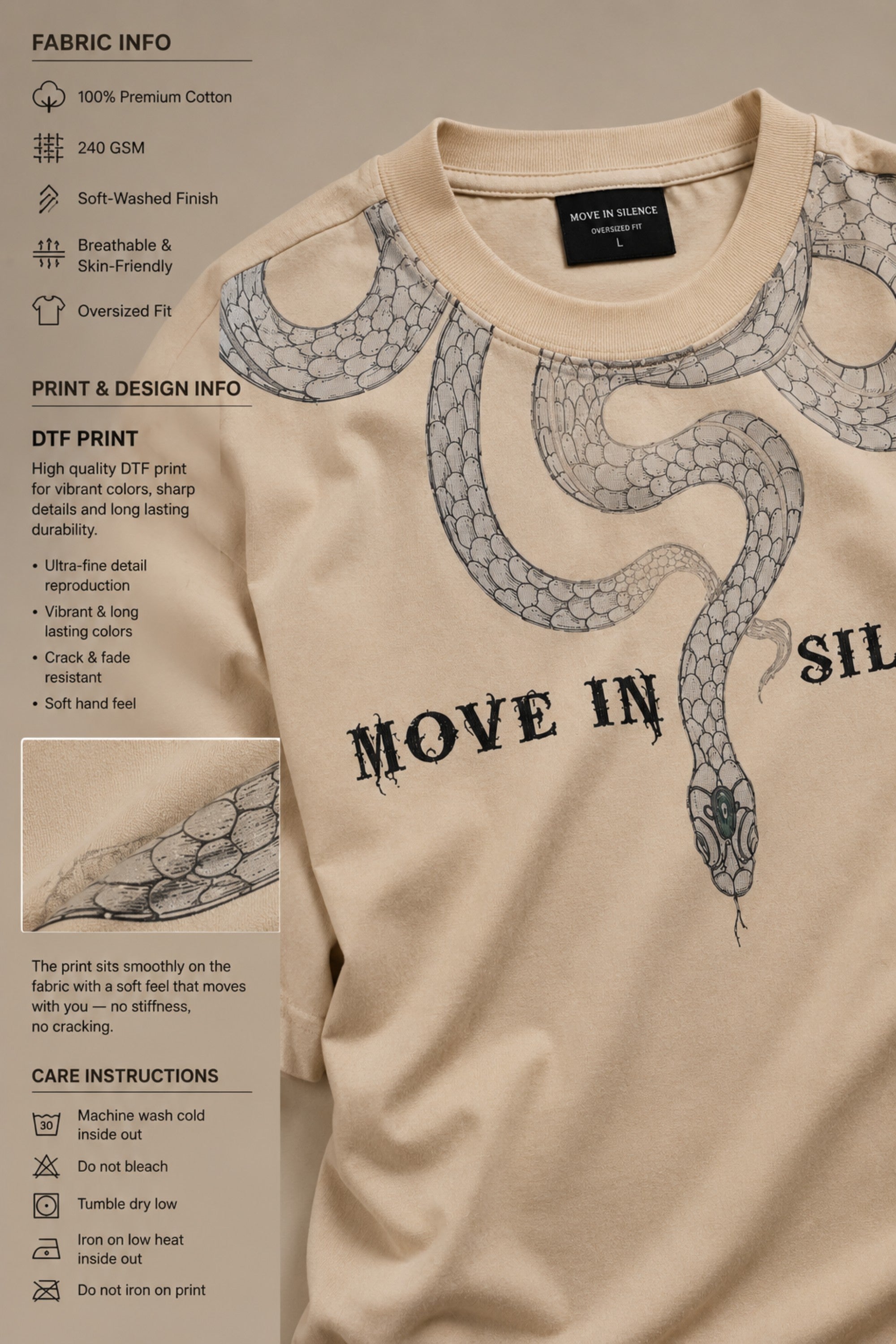 Beige oversized t-shirt with a detailed vintage-style grey snake graphic and 'MOVE IN SILENCE' text. The fabric is soft-washed premium cotton.