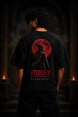 BHAARIGEAR Swaraj Shivaji oversized t-shirt in black, featuring a vibrant red graphic of Shivaji Maharaj against a blood moon. Designed for modern streetwear enthusiasts.