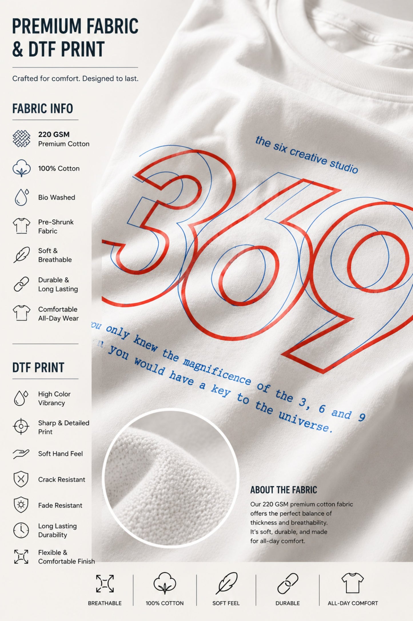 White oversized t-shirt from The Six Design featuring a bold red and blue graphic print of the numbers 3, 6, and 9. The t-shirt has a relaxed fit and is made of premium cotton.