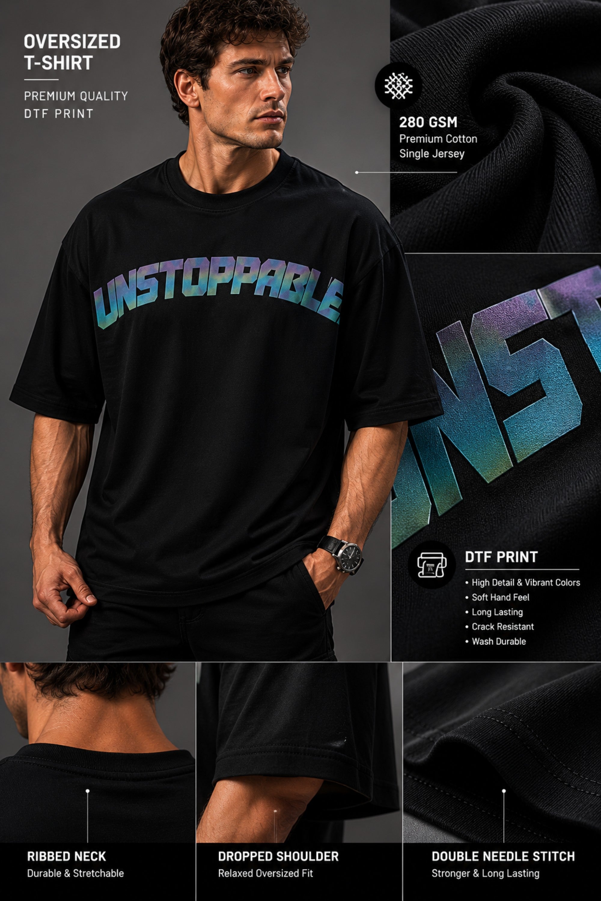 Man wearing a black UNSTOPPABLE DESIGN oversized t-shirt with a vibrant, detailed graphic of a roaring tiger surrounded by red flowers and a geometric frame on the back.